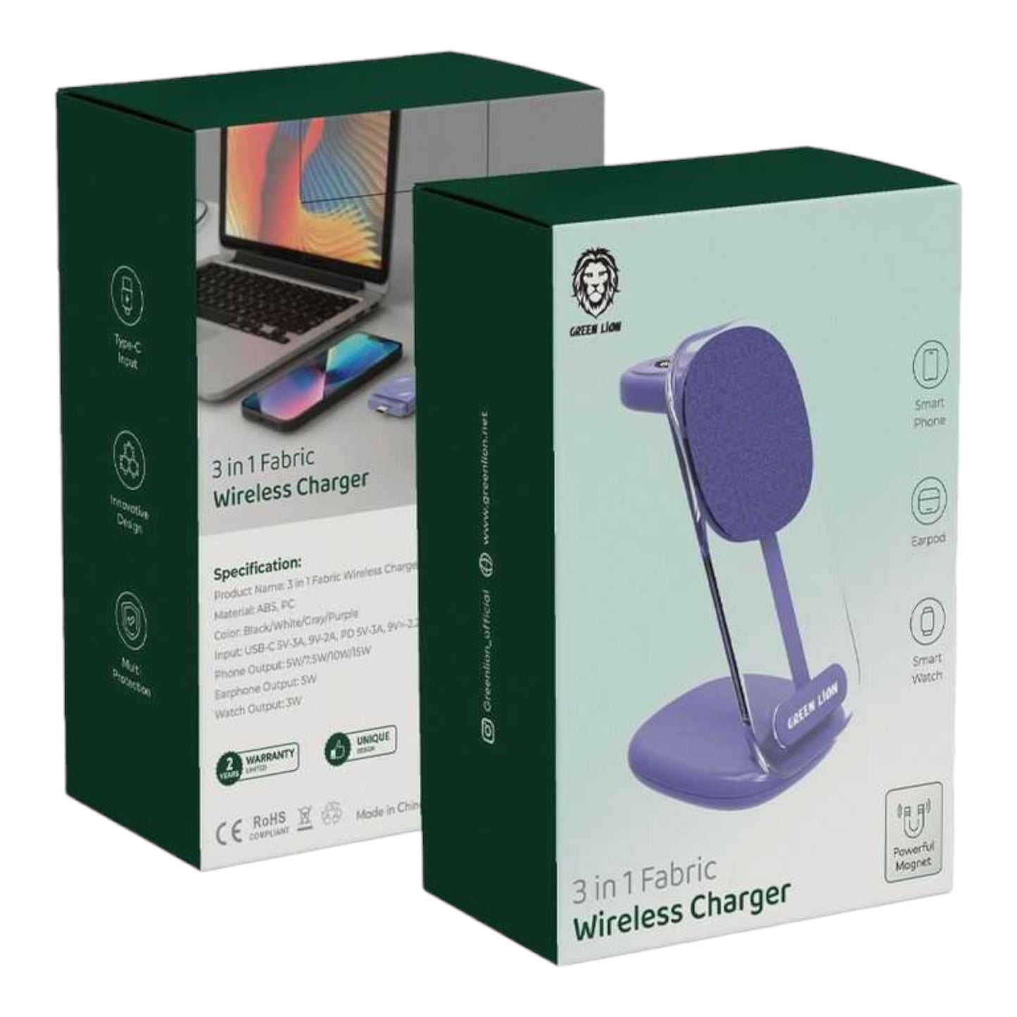 Green Lion 3 in 1 Fabric Wireless Charger 15W