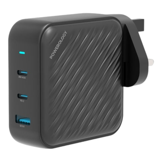 Powerology 140W PD QC 2xUSB-C and 1xUSB-A GaN Charger UK - Black